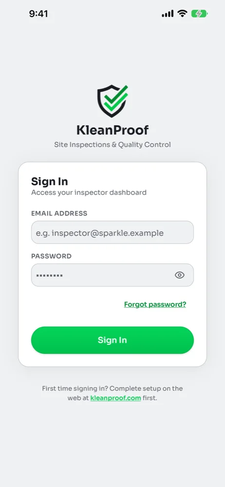 KleanProof sign-in screen with email address, password, a Forgot password link and a green Sign In button