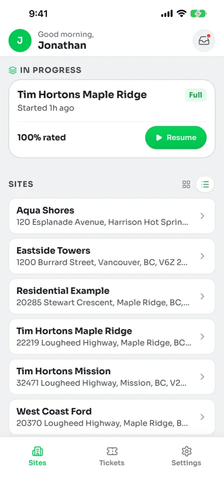 Sites tab in list view showing site names and street addresses in rows