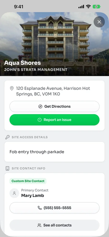 Site details for Aqua Shores with the address, Get Directions, Report an issue, access notes and the primary contact