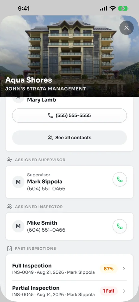 Lower half of site details showing the assigned supervisor and inspector with call buttons and a list of past inspections