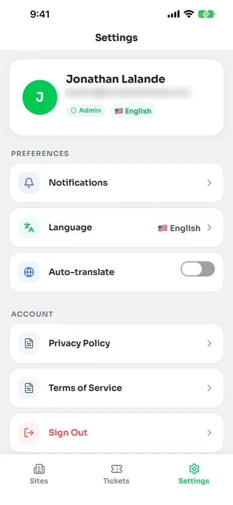 Settings tab with the profile card, Notifications, Language, Auto-translate and Sign Out