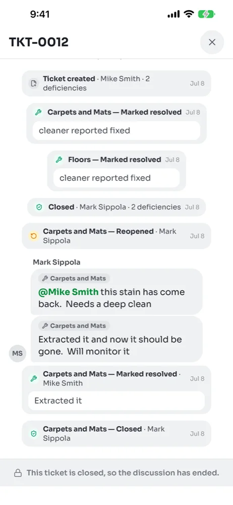 Discussion on ticket TKT-0012 with event lines for created, resolved, closed and reopened, a message mentioning Mike Smith, his reply, and a note that the closed ticket's discussion has ended