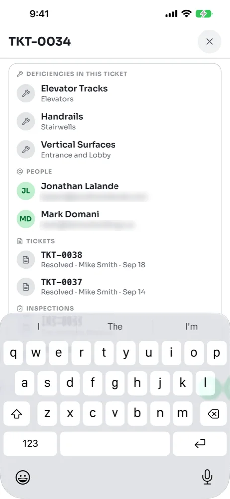 Mention list after typing @, grouped into Deficiencies in this ticket, People, Tickets and Inspections