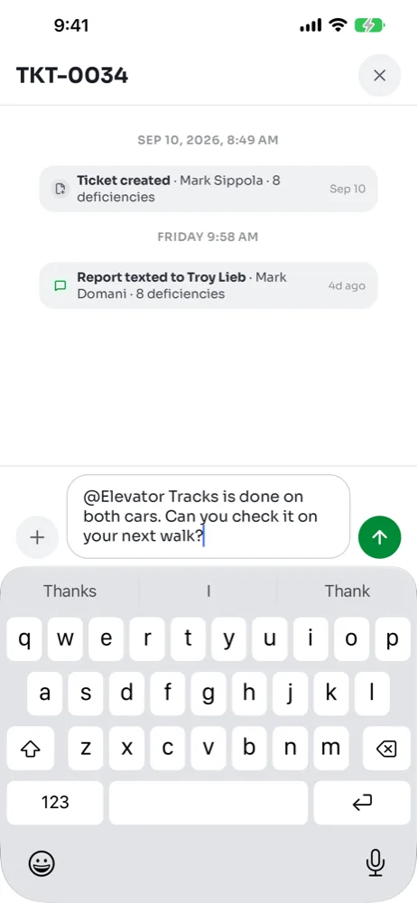 A drafted message that mentions the Elevator Tracks deficiency and asks a colleague to check it on the next walk