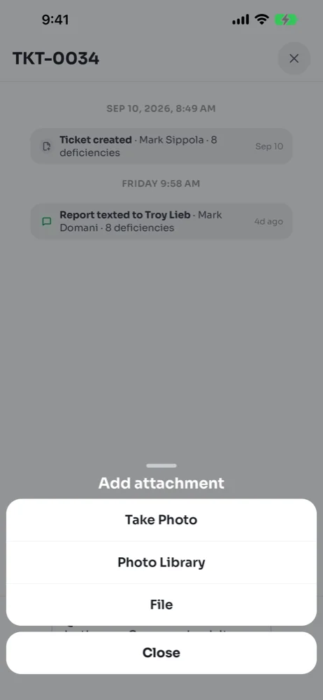 Add attachment sheet with Take Photo, Photo Library, File and Close