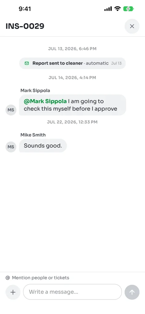 Discussion on inspection INS-0029 showing the automatic report to the cleaner, a message mentioning Mark Sippola and a reply