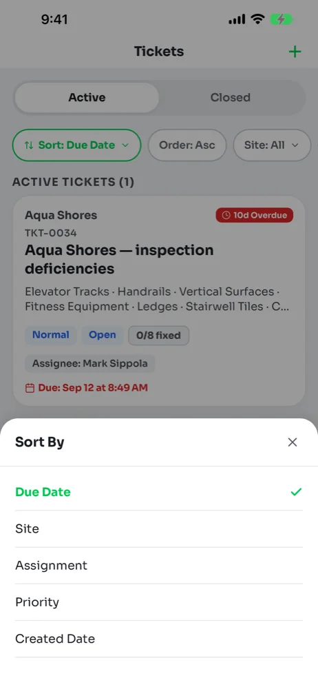 Sort By sheet listing Due Date, Site, Assignment, Priority and Created Date