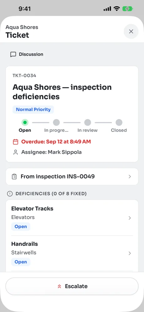 Ticket TKT-0034 with the progress line at Open, an overdue due date, the assignee, a From inspection link and the list of deficiencies