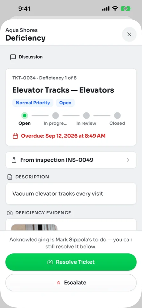 Deficiency 1 of 8, Elevator Tracks, with the description, evidence photos, a Resolve Ticket button and an Escalate button