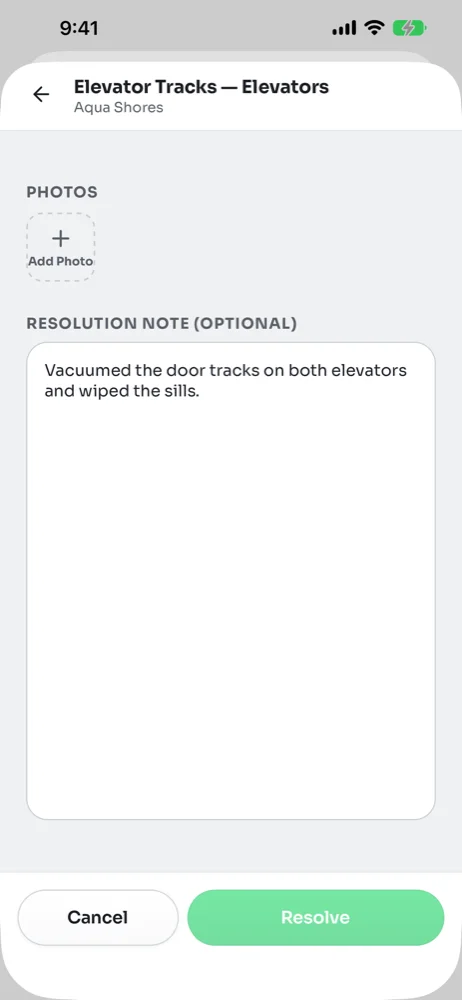 Resolve screen with an Add Photo tile, a resolution note typed in and the Resolve button greyed out until a photo is added